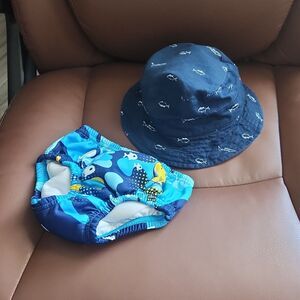 Aqua Leisure LANGZHEN Baby Swim Set 12M Blue Fish Trunks Hat Plaid‎ EUC